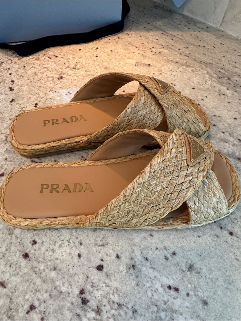 Prada Natural Raffia Crisscross Slide Sandals with Gold Logo - Picture 6 of 9